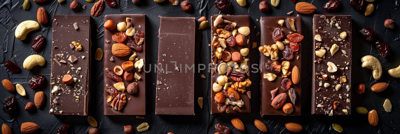 A row of chocolate bars topped with nuts and dried fruits, showcasing rich textures and natural ingredients.