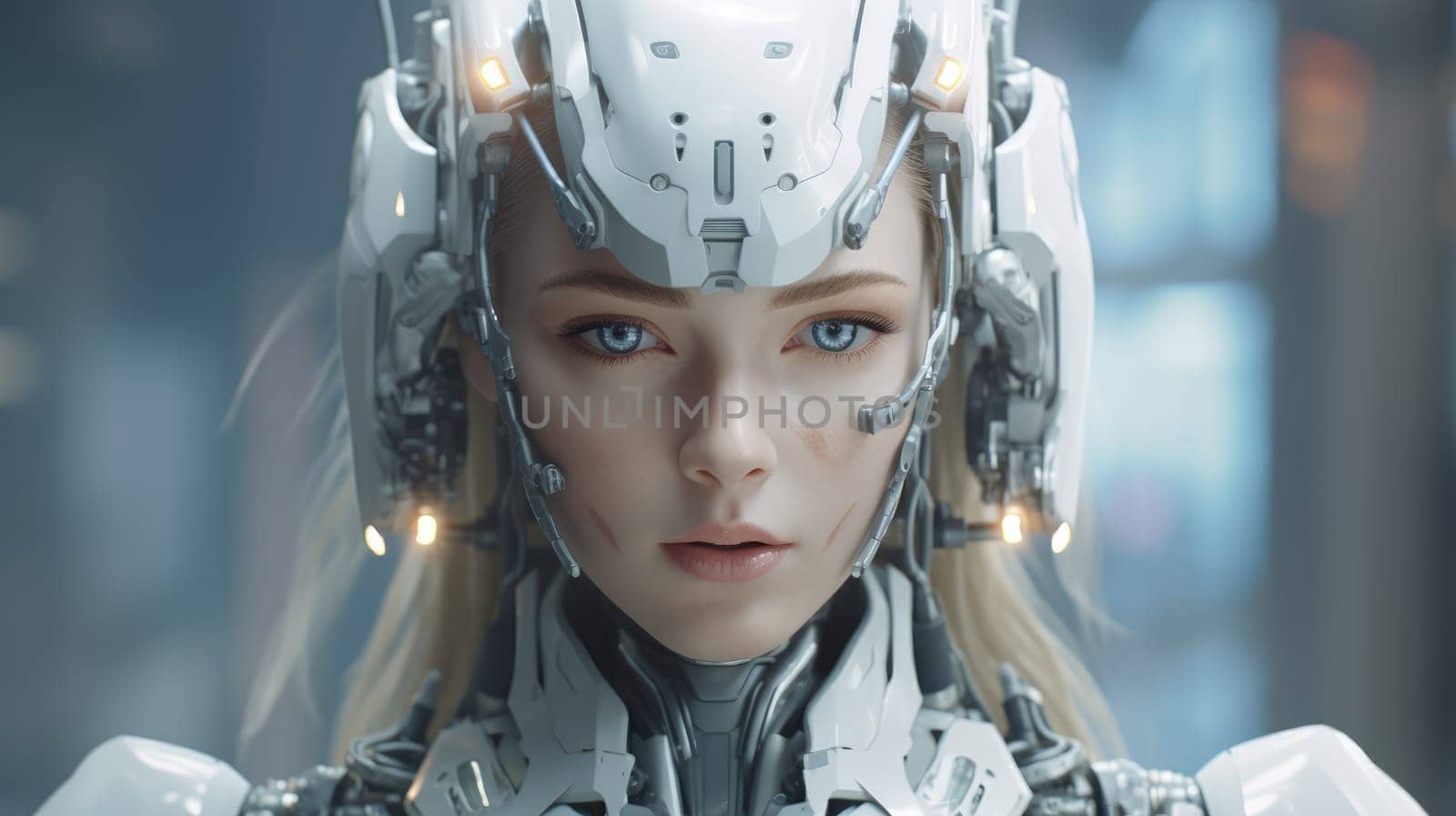 Close up of a female android face with futuristic robotic details and glowing elements. Beautiful female robotic humanoid face wear robotic gear with blurring futuristic background. Technology. AIG35.