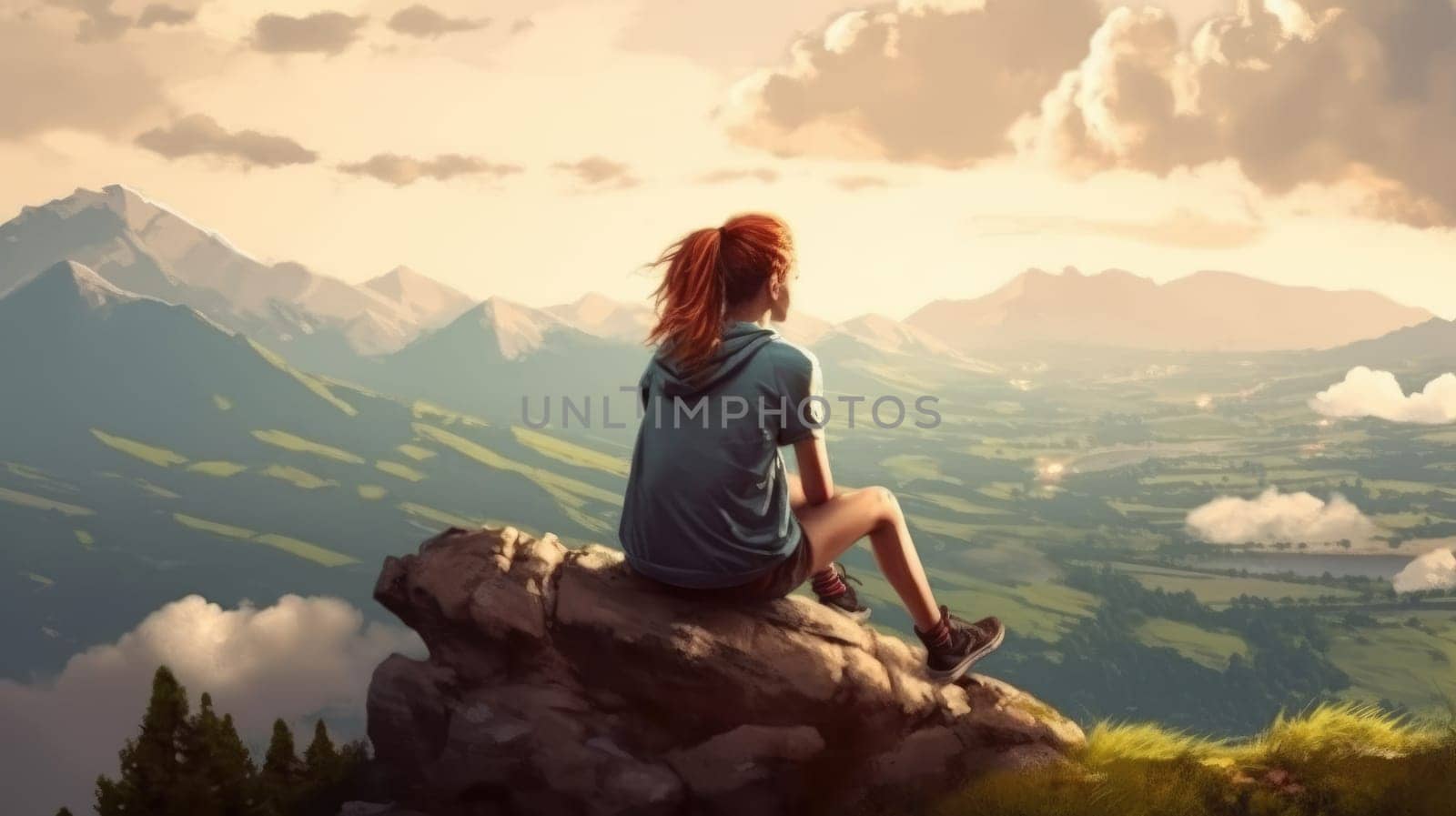 Solo traveler sitting on a mountain edge overlooking a foggy valley with distant peaks under a soft sky. Explorer or tourist sitting at valley and relaxing while enjoy looking natural view. AIG35.