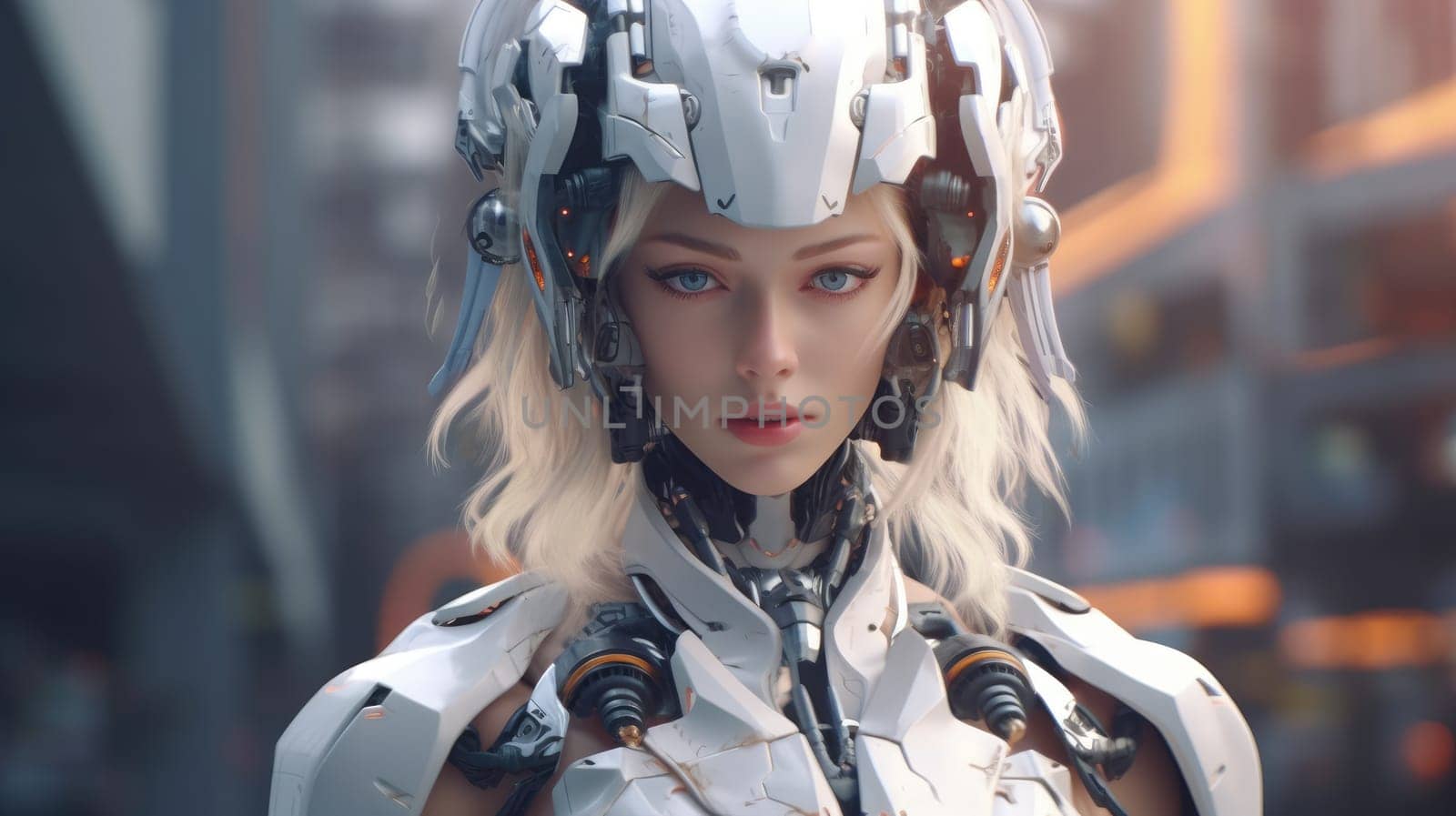 Close up of a female android face with futuristic robotic details and glowing elements. Beautiful female robotic humanoid face wear robotic gear with blurring futuristic background. Technology. AIG35.