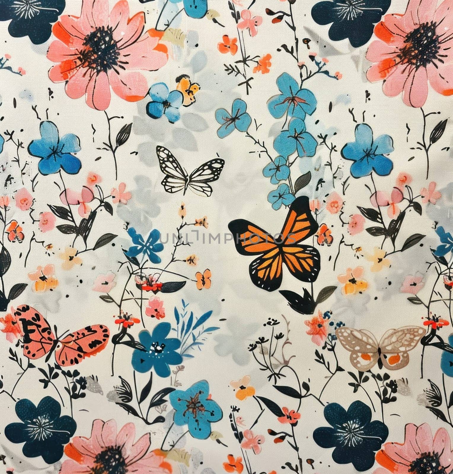 Butterflies and flowers on white fabric with blue, orange and pink flowers a colorful spring floral display