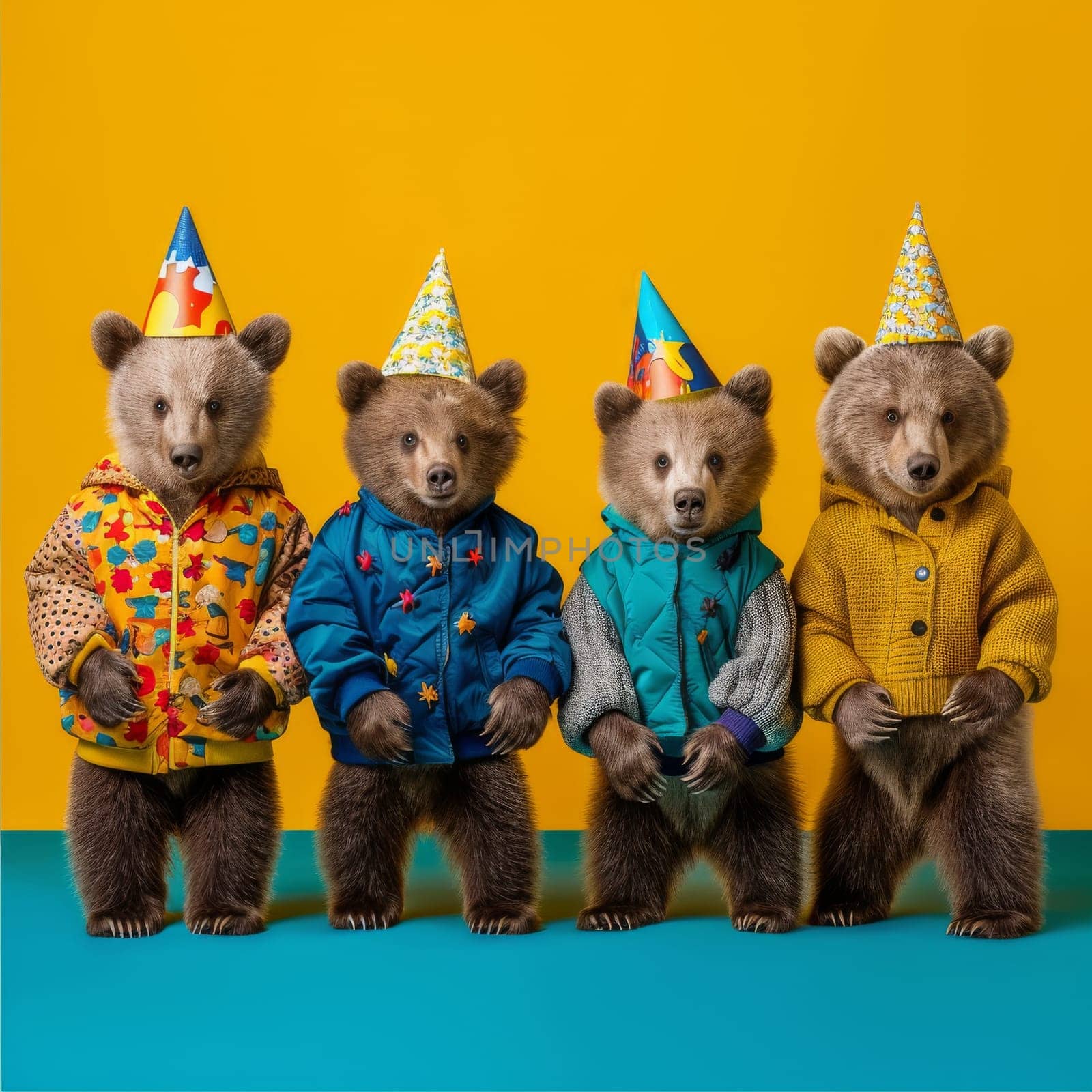 Four bears are wearing hats and jackets and standing in a line. Scene is festive and joyful, as the bears are dressed up for a celebration