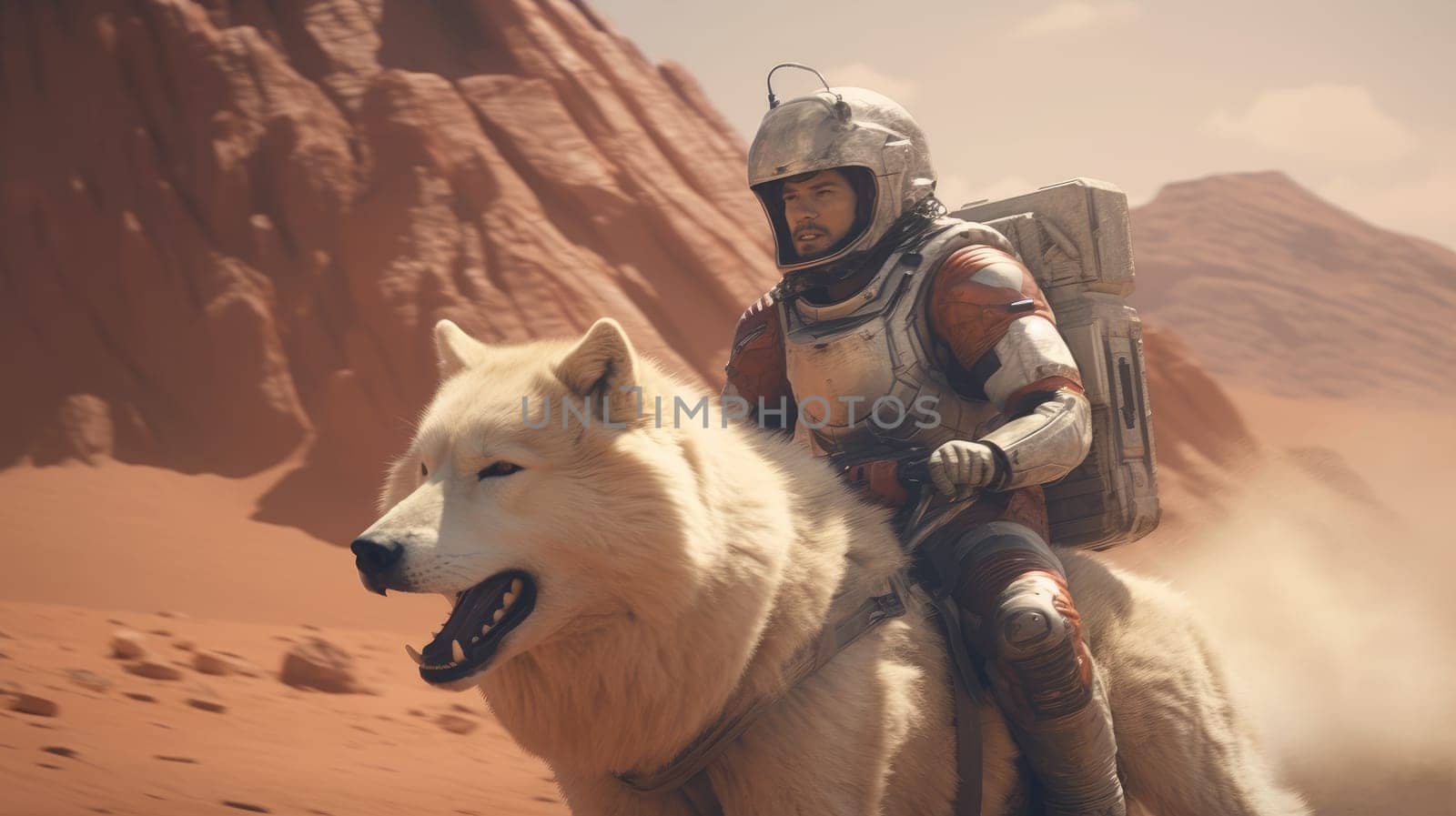 An image of astronaut riding a large wolf on an alien planet, digital art. Sci-fi and fantasy concept, ideal for game art, and movie posters. Professional spaceman explore planet with dog. AIG35.