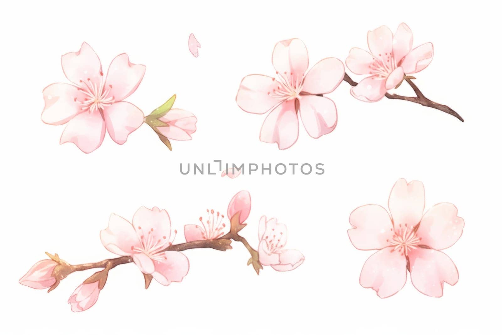 Branch of cherry blossom hand drawn watercolor illustration. by Artsiom