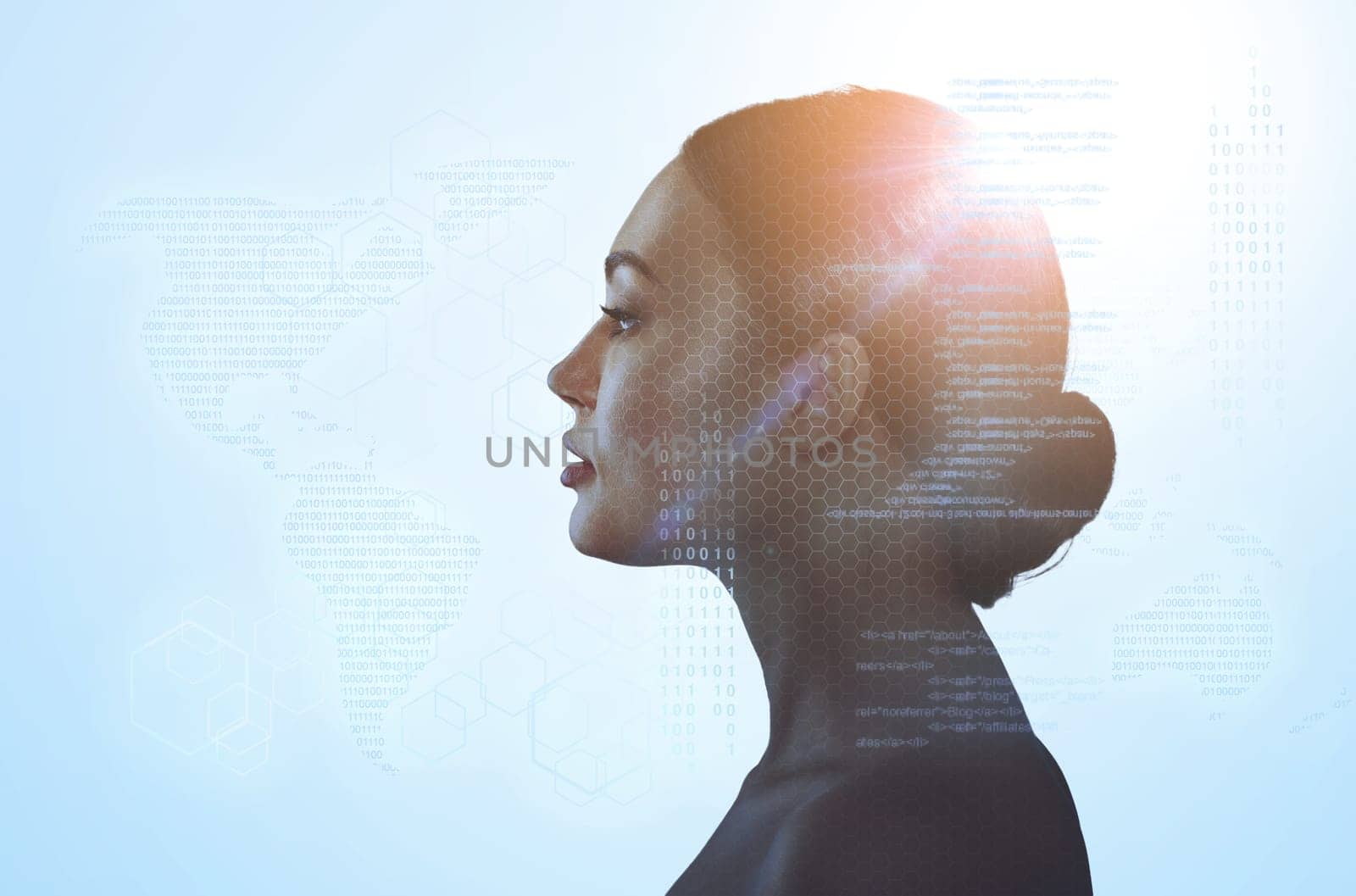 Silhouette of a woman on a blue background. Artificial intelligence and neural networks concept background