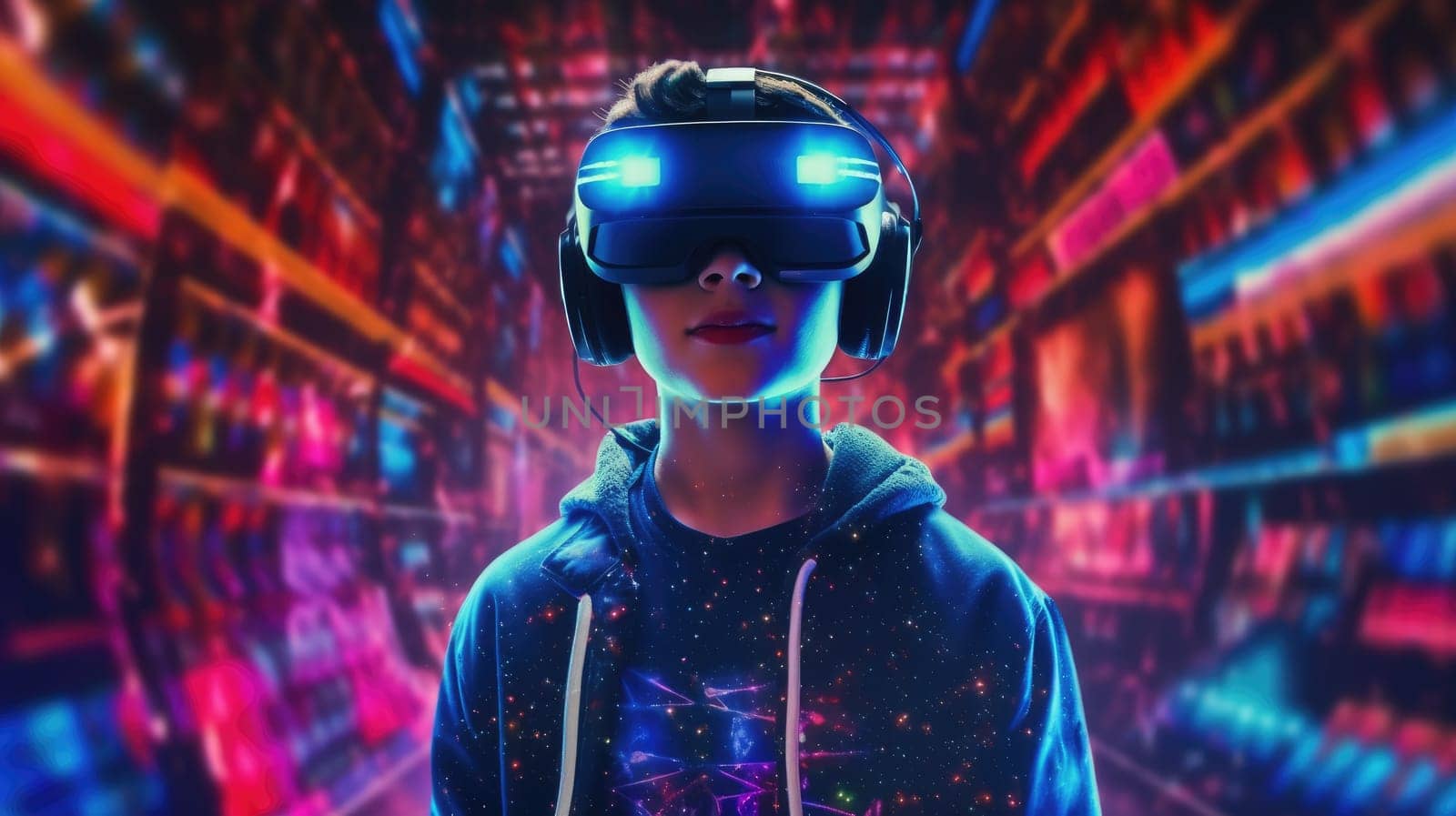 People wearing VR goggle while enter metaverse with neon color background. People with VR headset against abstract neon pattern background. Concept of virtual reality and futuristic technology. AIG35.