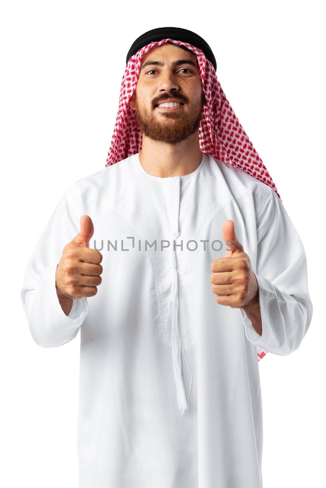 Young Arab man showing ok sign and smiling isolated on white background close up