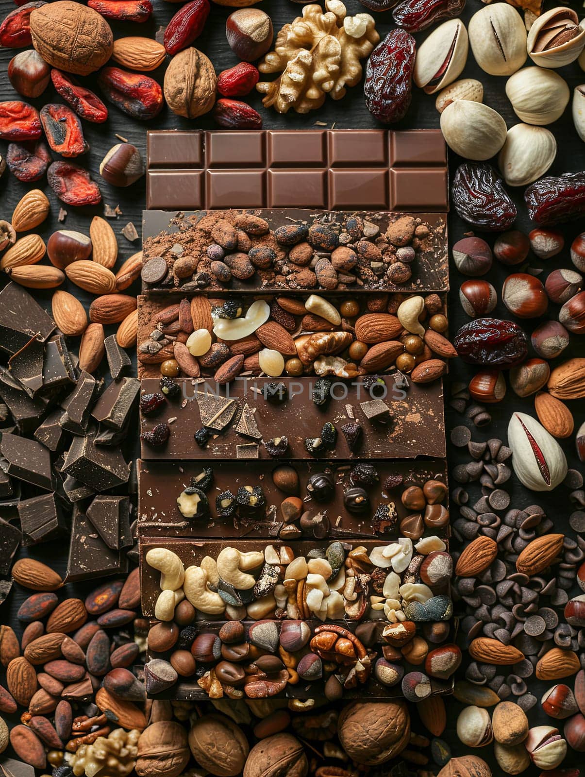 A rich chocolate bar is surrounded by a variety of nuts and chocolate pieces, creating a decadent and appetizing display.