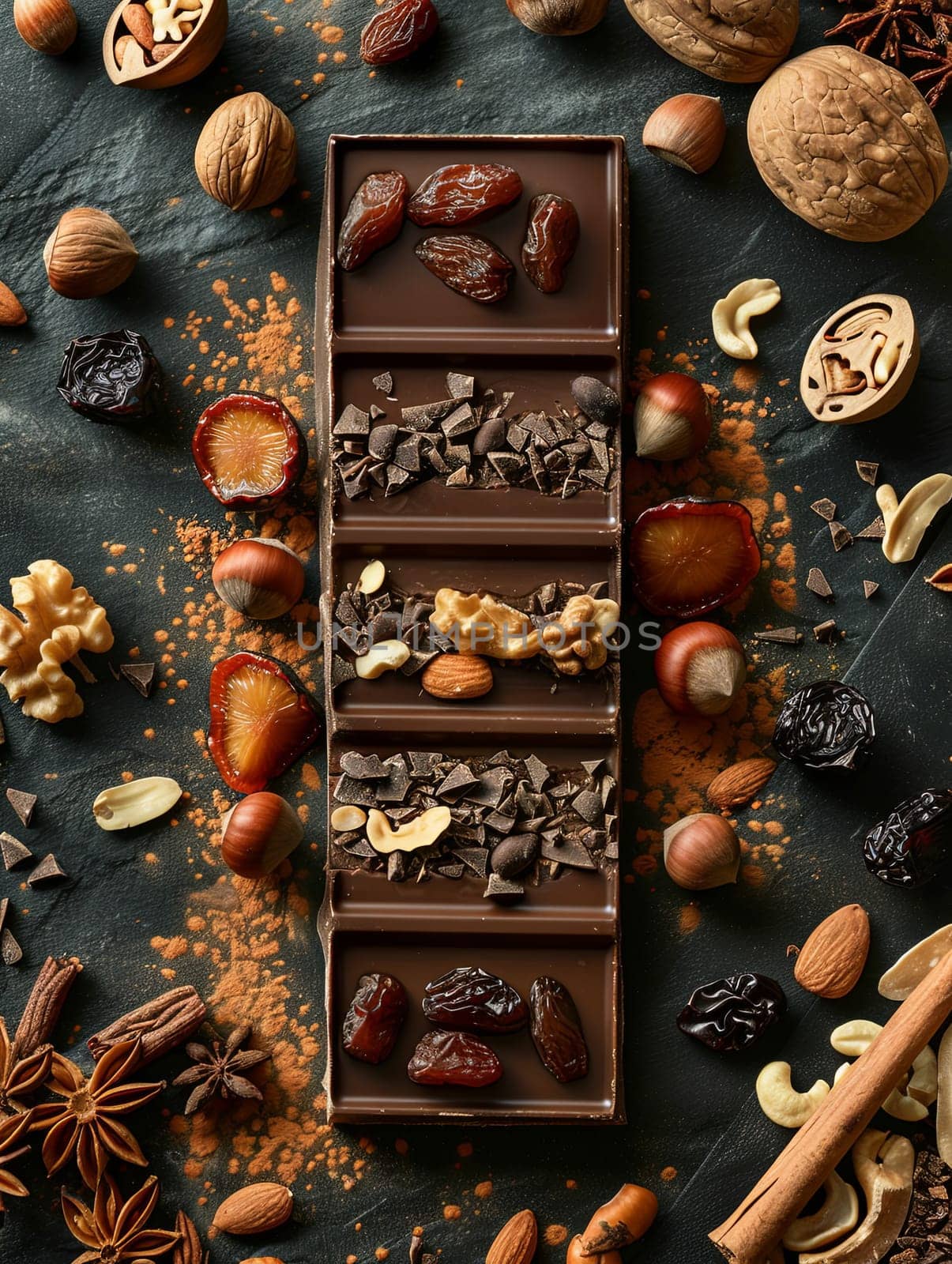 A chocolate bar surrounded by an assortment of nuts and dried fruits, showcasing rich textures and natural ingredients.