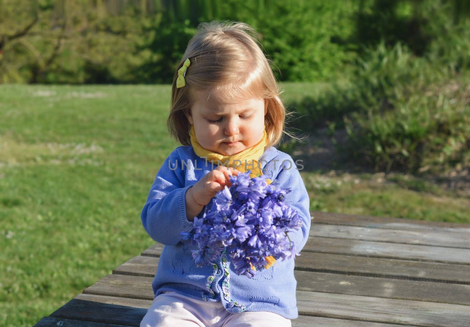 A girl with a yellow hairpin and a yellow scarf holds a purple bouquet of hyacinths in hands