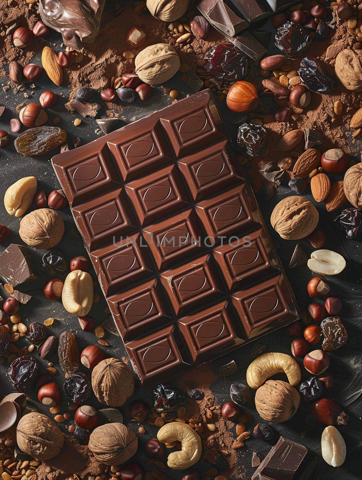 A bar of chocolate is surrounded by nuts and chocolate pieces, creating a tempting and visually appealing composition.