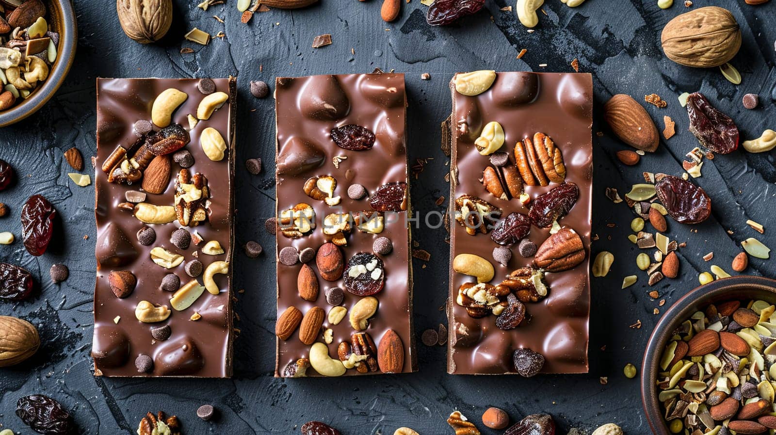 Three chocolate bars containing nuts, almonds, and cranberries, showcasing rich textures and natural ingredients.