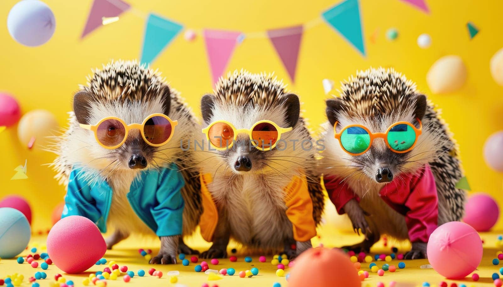 A group of hedgehogs wearing party hats by AI generated image.