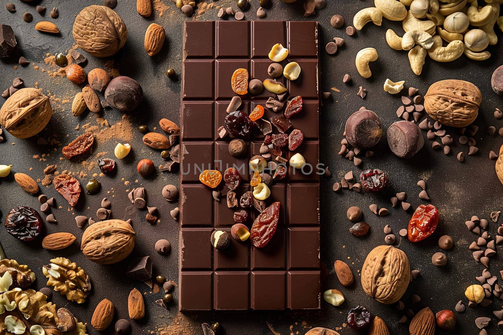 A luxurious chocolate bar richly adorned with an assortment of nuts and dried fruits, creating a visually appealing and appetizing display.