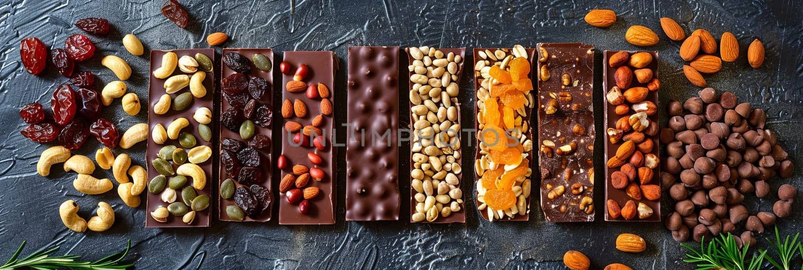 A variety of food items, including chocolate bars, nuts, and dried fruits, displayed on a table.