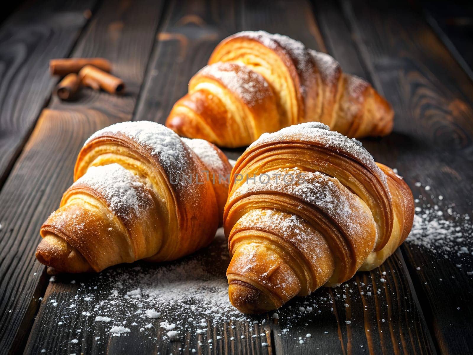 Croissants sprinkled with powdered sugar on a black wooden background, generated by AI. by Margo