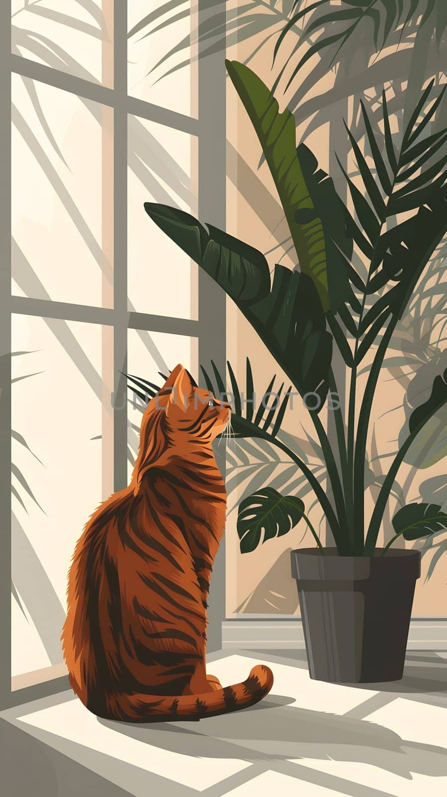 A Felidae carnivore, the cat is perched on a window sill beside a houseplant in a flowerpot. Its whiskers twitch as it gazes outside