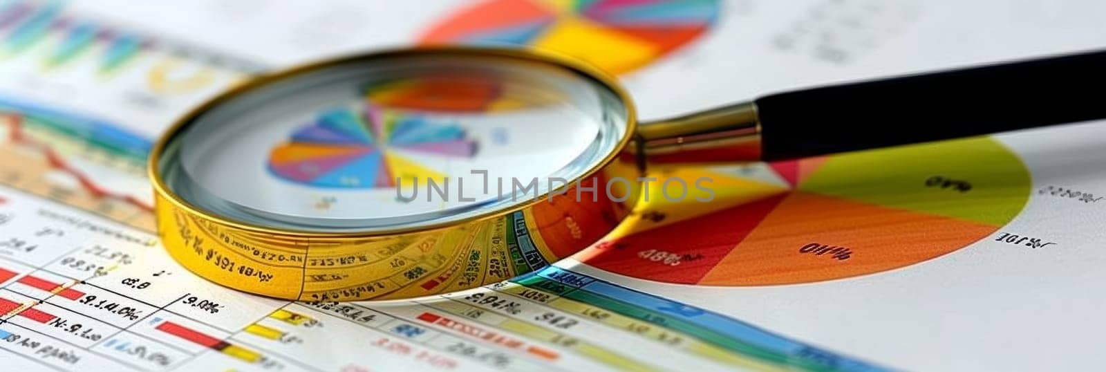 A magnifying glass hovers over colorful financial charts and graphs, highlighting the details and insights within the data
