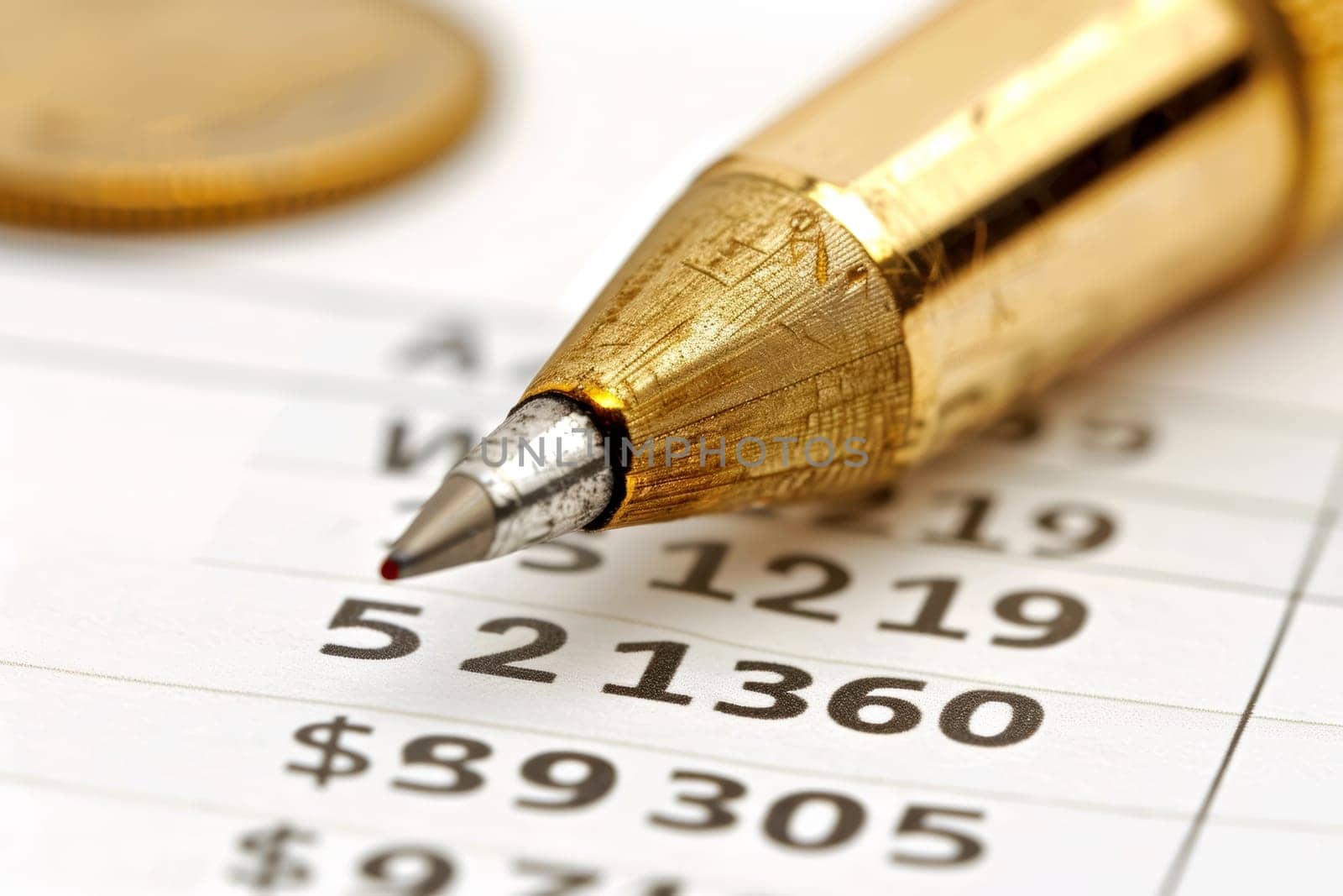 A close-up view of a golden pen nib resting on a sheet of financial figures, highlighting the precision and attention to detail required in accounting and financial management