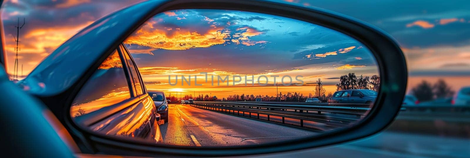 The sideview mirror of a car reflects the vibrant, golden lights of a city street at night, creating a warm, atmospheric scene