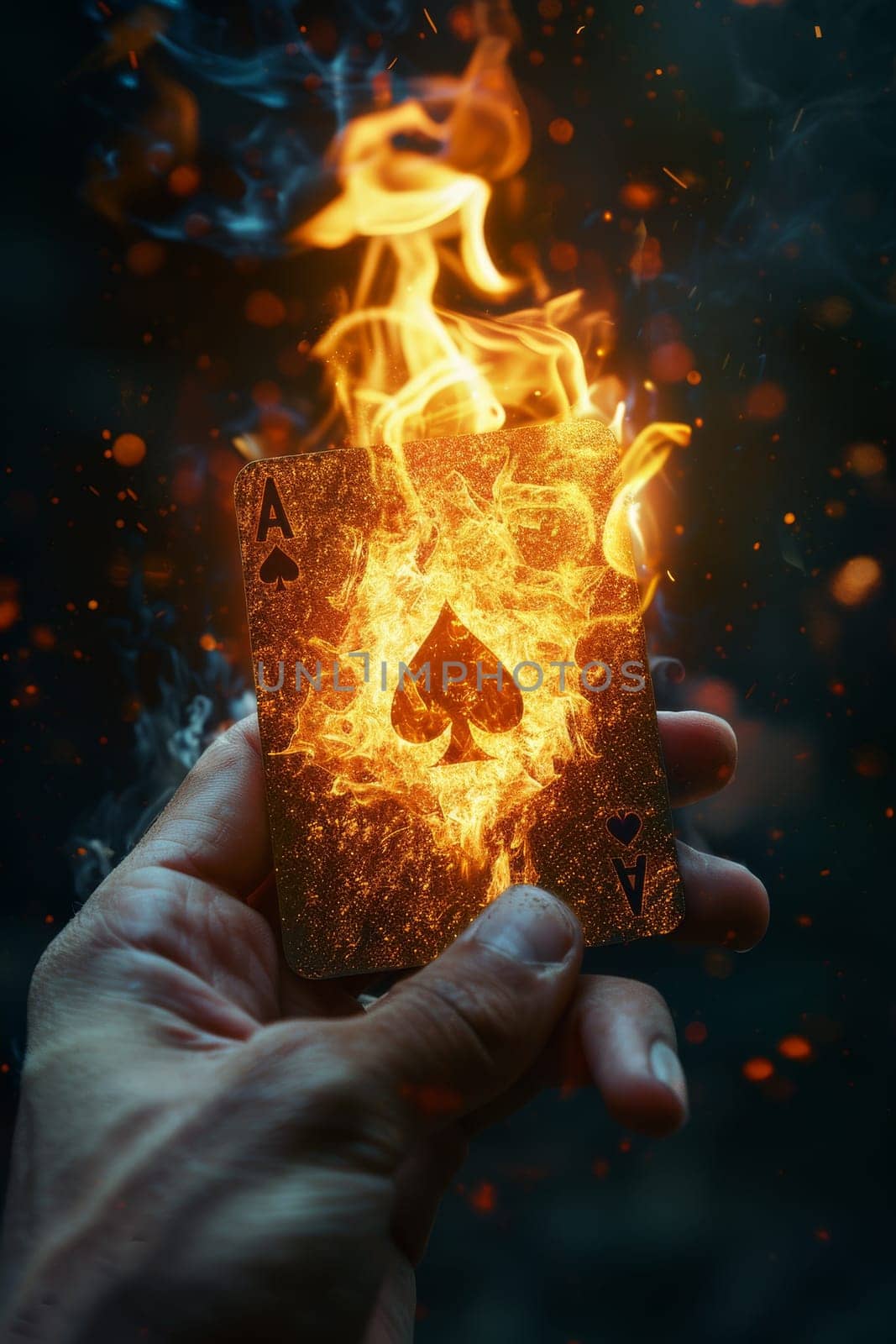 A hand holding a card on it and flames surrounding it. Concept of magic and wonder, as if the card is a powerful object that can bring good fortune or change the course of events