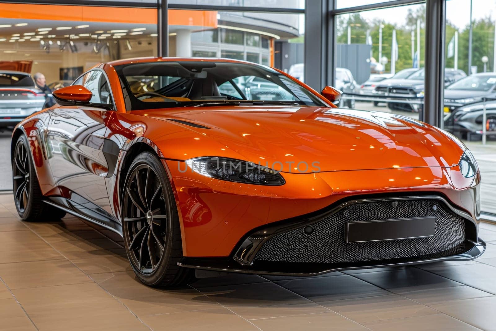 A stunning orange sports car with bold styling and aggressive aerodynamic features, showcased in a modern showroom setting with large windows and clean lines