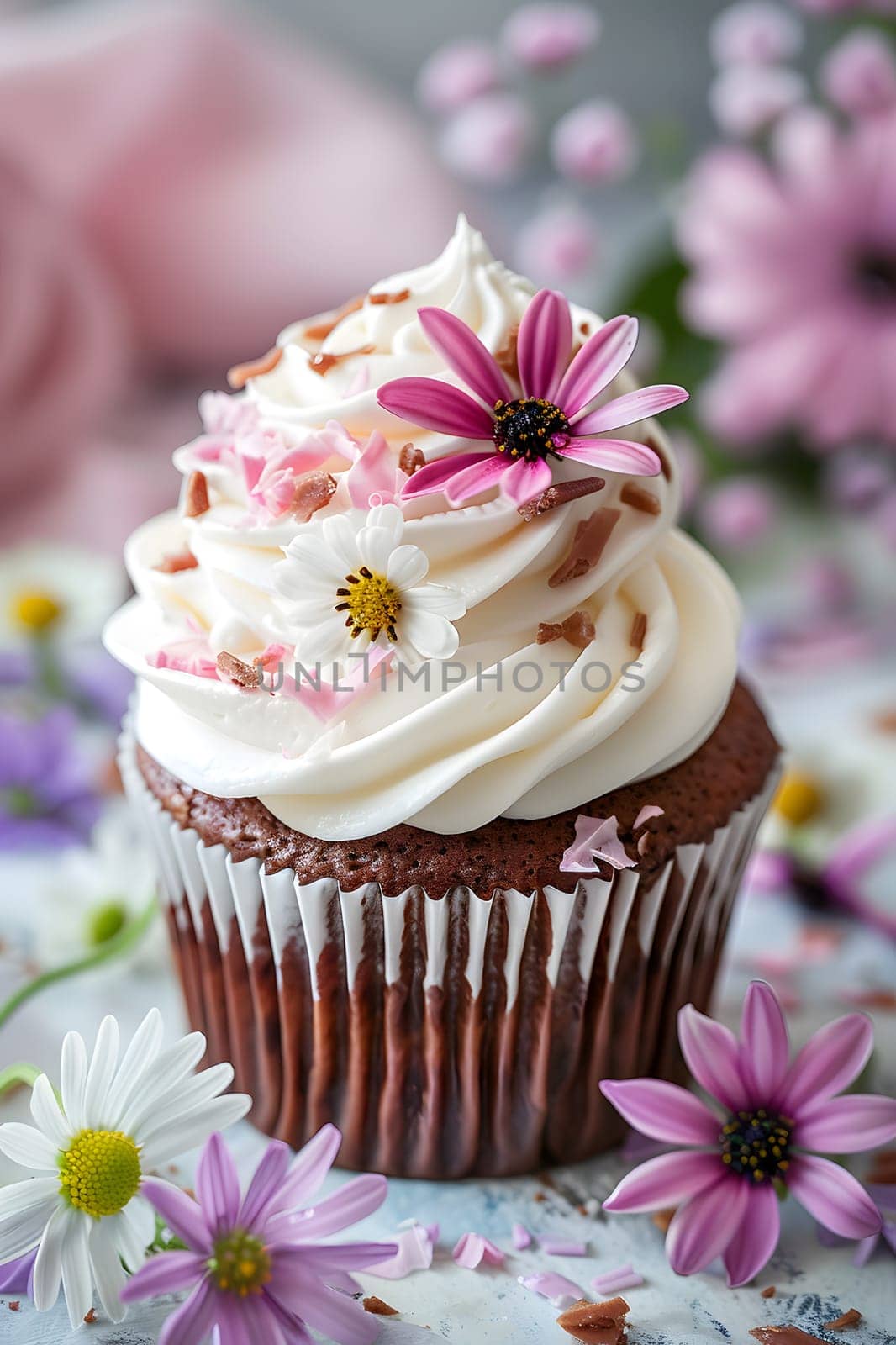 A delectable chocolate cupcake adorned with white frosting and delicate pink flowers on top, beautifully made using cake decorating techniques