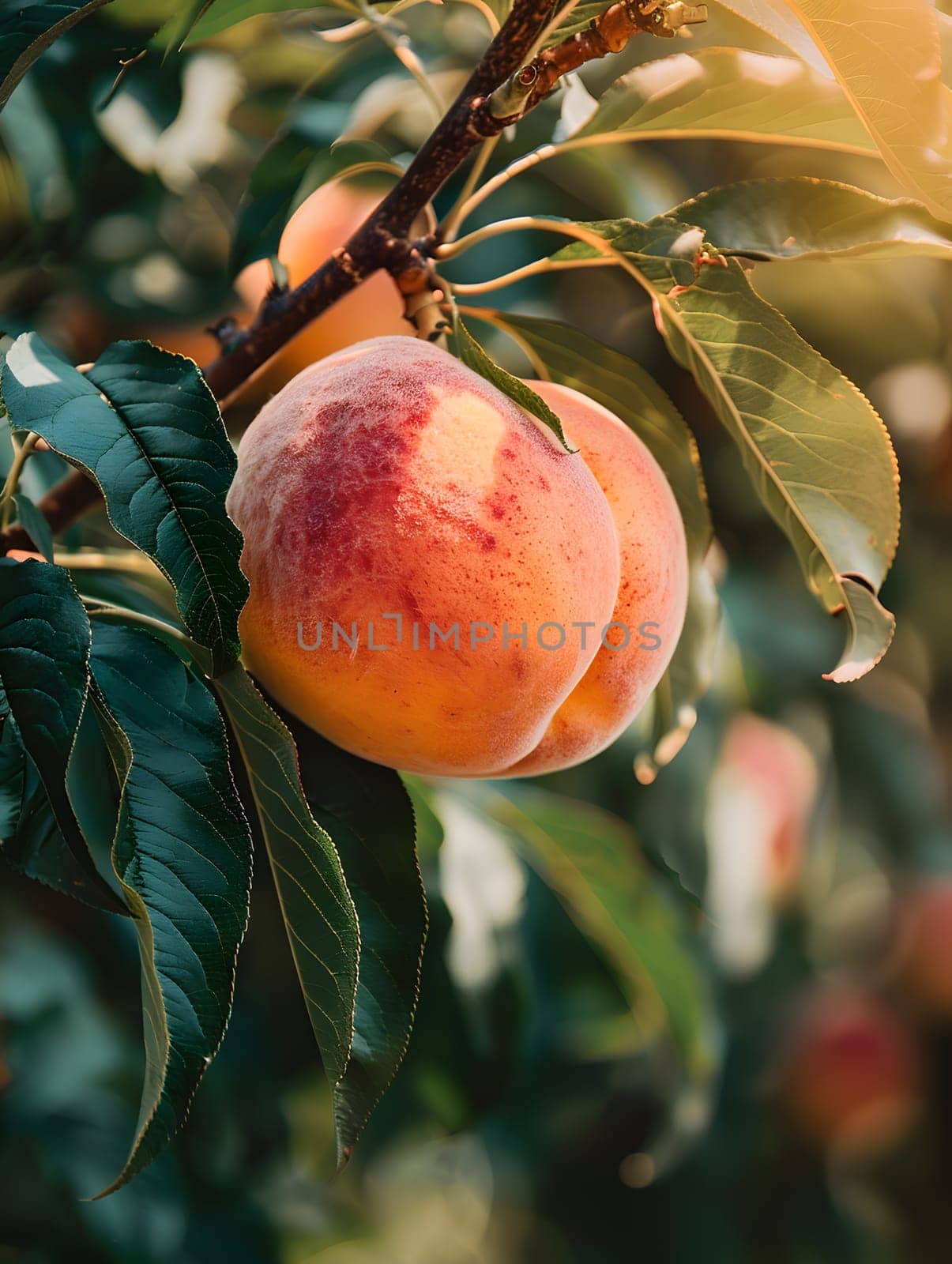 A closeup photo of a ripe peach hanging from a tree branch, showcasing the natural beauty of this delicious fruit variety