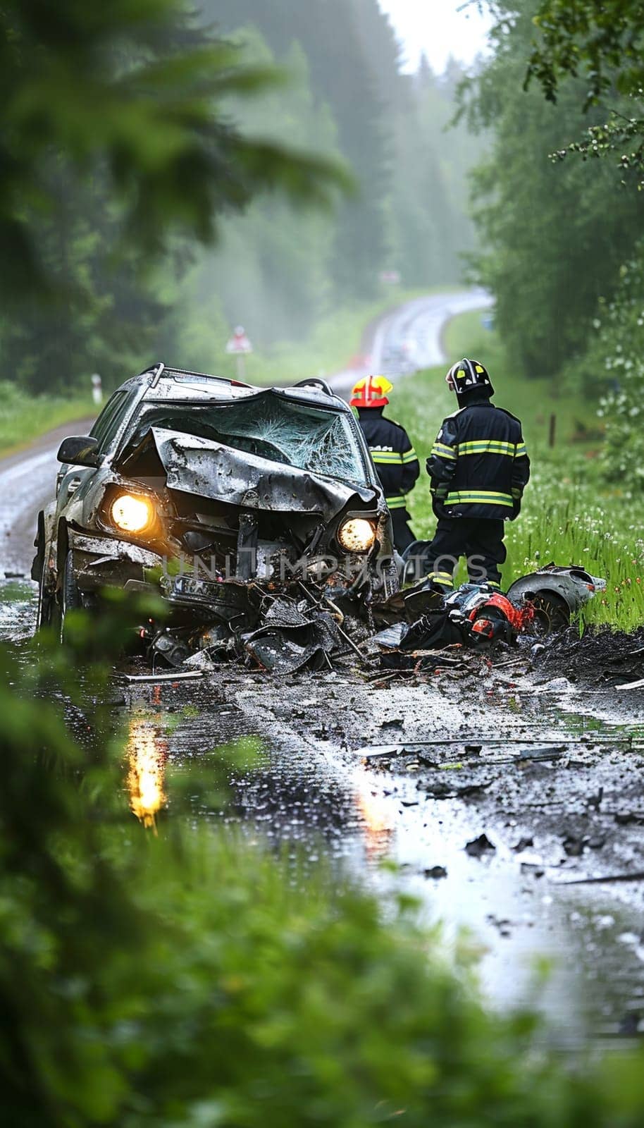 Emergency personnel in protective gear examine a severely damaged vehicle on a rural road, following what appears to be a serious traffic accident. by sfinks