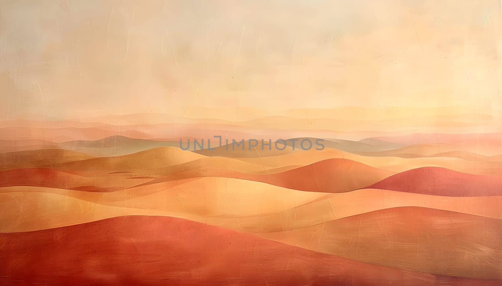 A natural landscape painting depicting a desert with mountains in the background, under a red sky at dusk. The afterglow enhances the beauty of the sunset