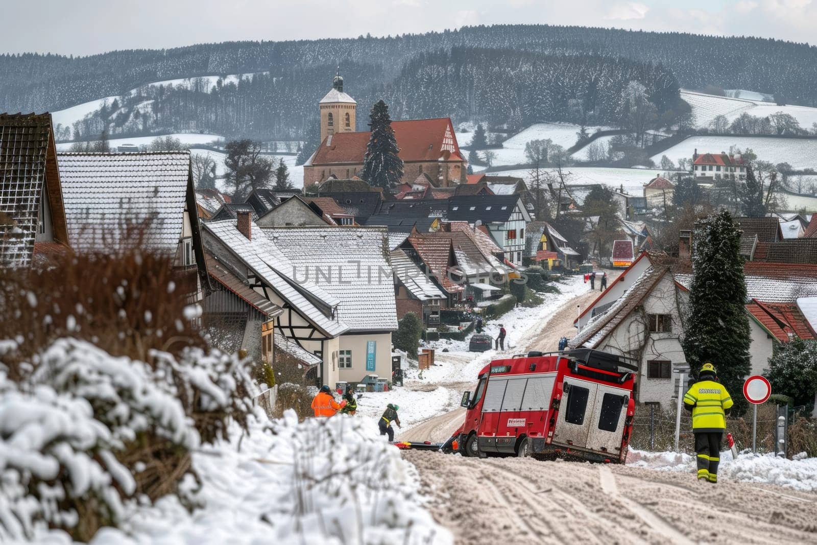 A picturesque snow-covered village is the setting for an emergency response, with a fire truck and emergency personnel visible on the winding street amid the historic buildings and winter landscape. by sfinks