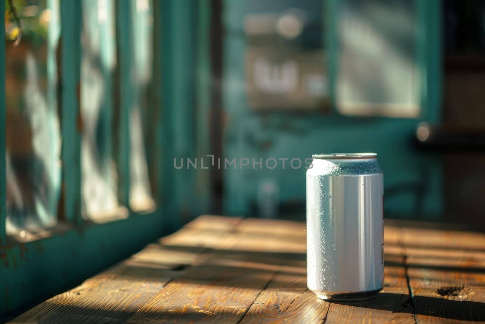 A cool, condensation-covered white beverage can stands out against a blurred, natural background of lush greenery, creating a serene and inviting product composition. by sfinks