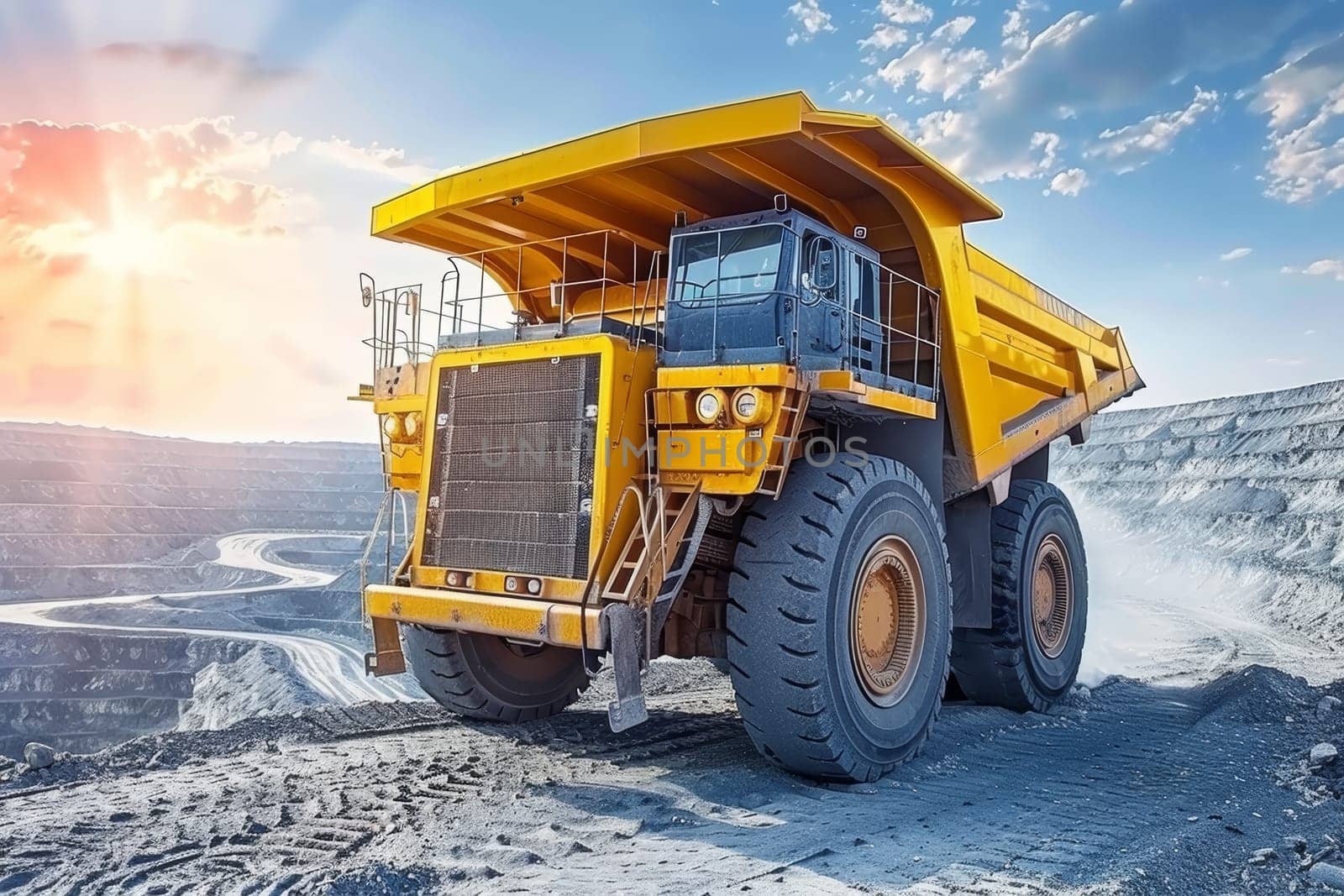 A massive, yellow mining truck navigates through a vast, open-pit quarry surrounded by dramatic rock formations, showcasing the power and resilience of the heavy machinery. by sfinks