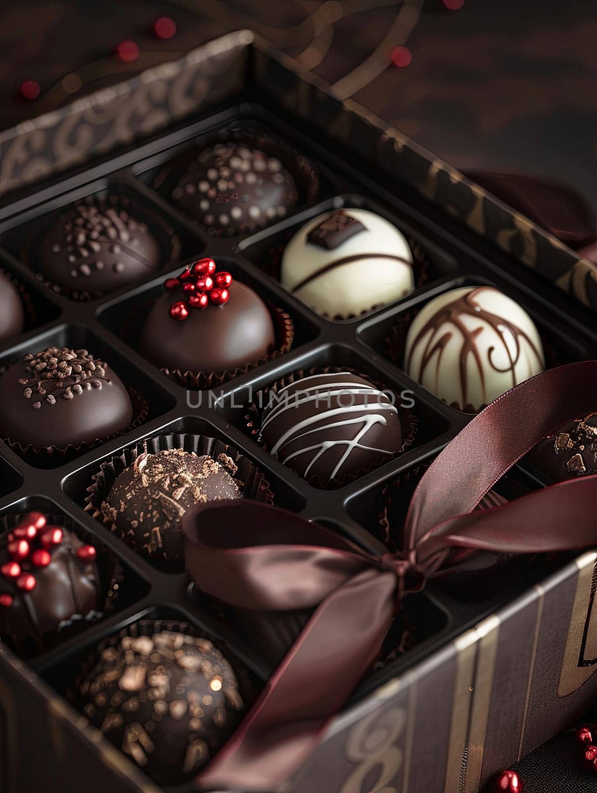 Elegant box of chocolate truffles with decorative ribbon in rich dark colors, high detail, luxurious presentation.