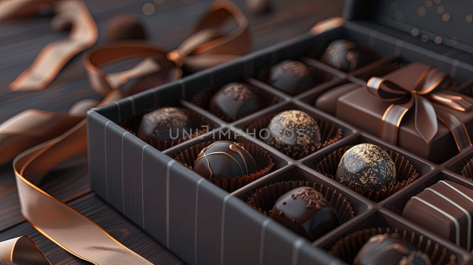 A luxurious box of chocolate truffles adorned with a ribbon, featuring rich dark colors and exquisite detail.