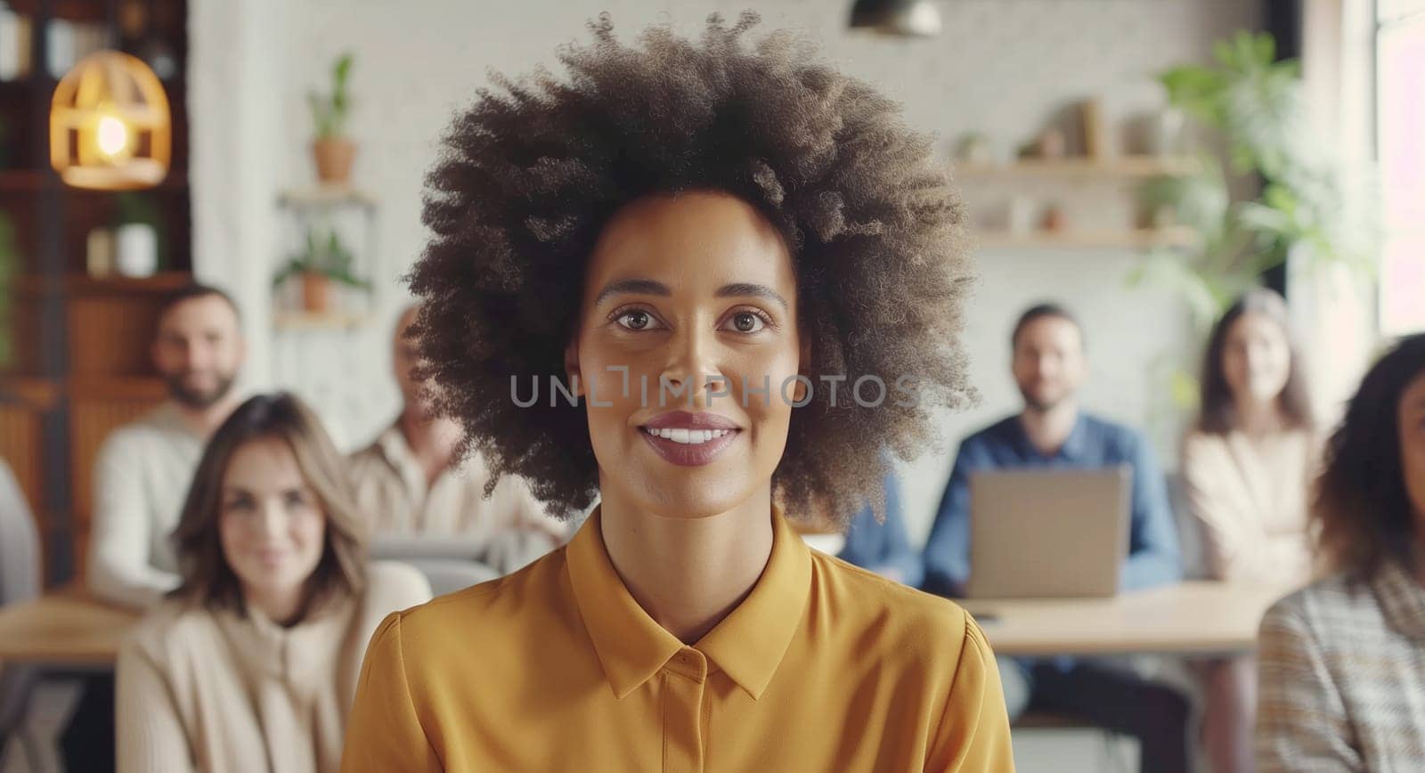 Portrait of black woman looking at camera, business people together sitting at the desk in an office, african colleagues at a meeting