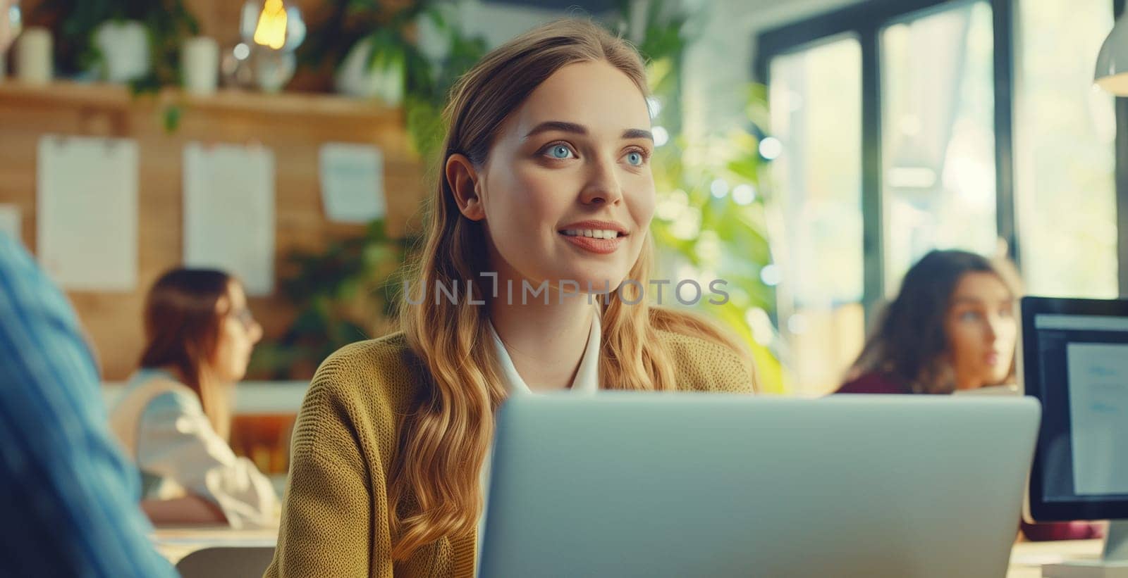Modern young woman worker in business office sitting at desk and working at the laptop