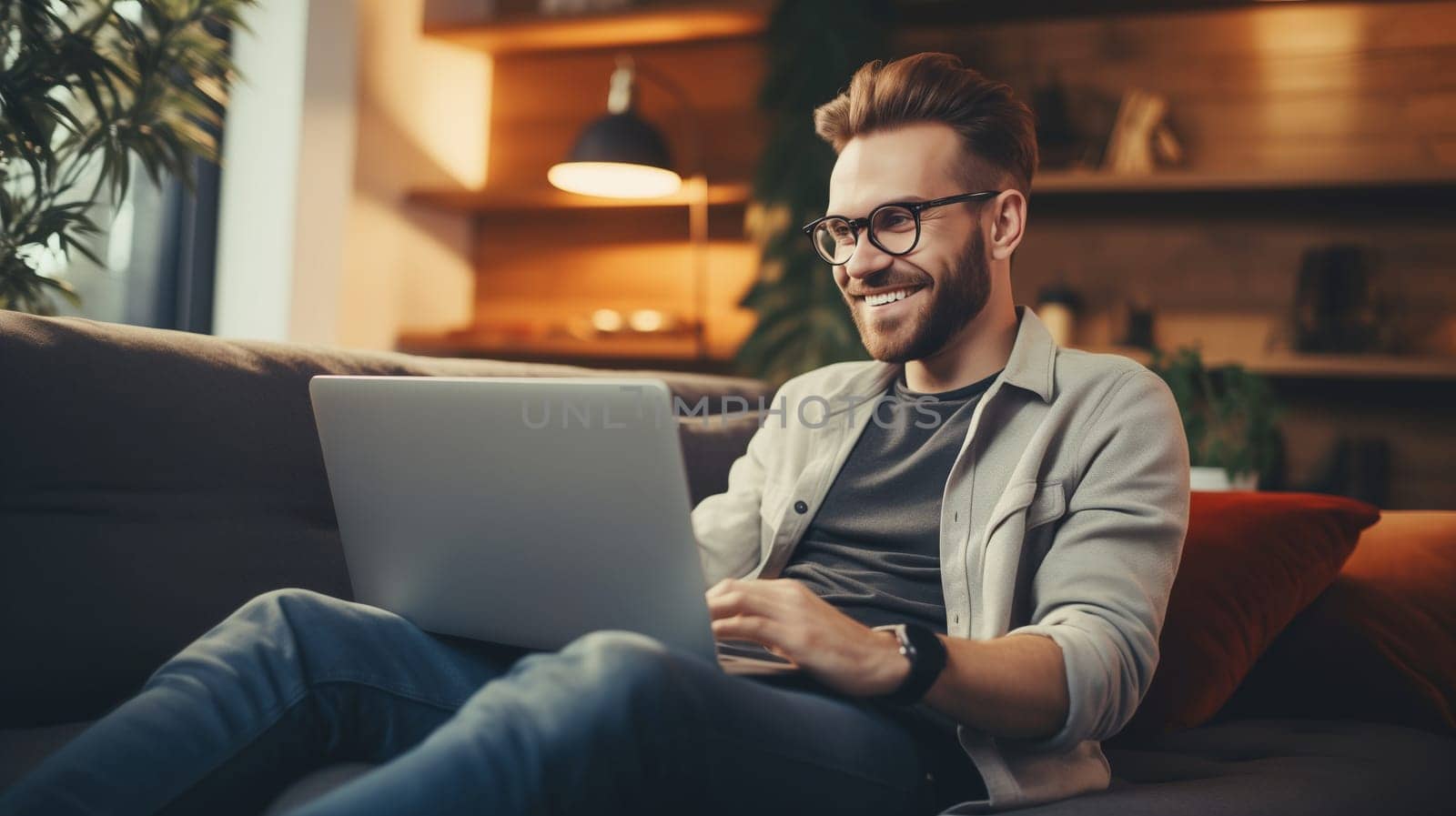 Happy modern young man sitting on the sofa and working at the laptop in the living room at home