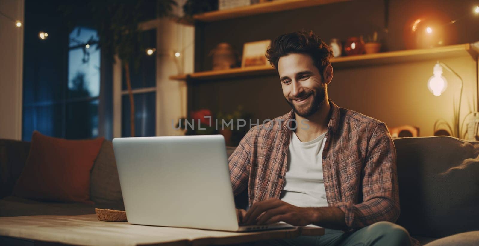 Happy modern young man sitting on the sofa and working at the laptop in the living room at home