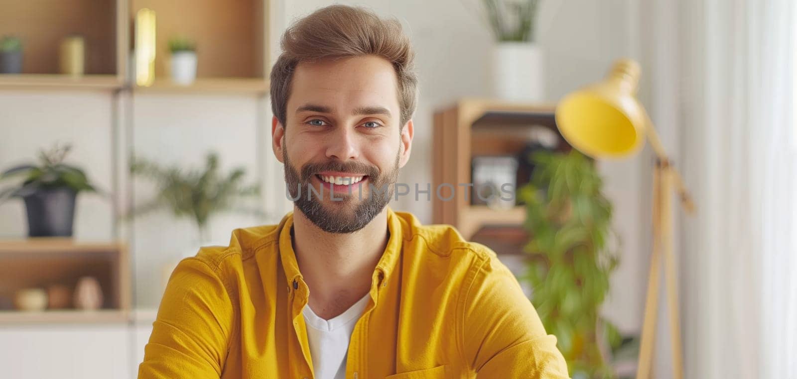 Portrait of handsome happy smiling young man in yellow looking at camera at home, modern bearded guy with toothy smile