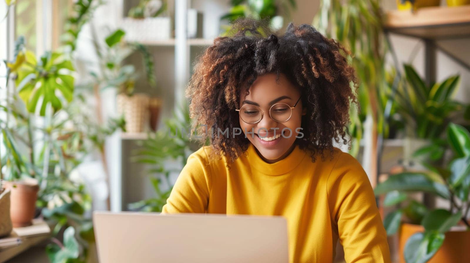Happy modern young african woman sitting at desk and working at the laptop at home with green plants, black female freelancer or student