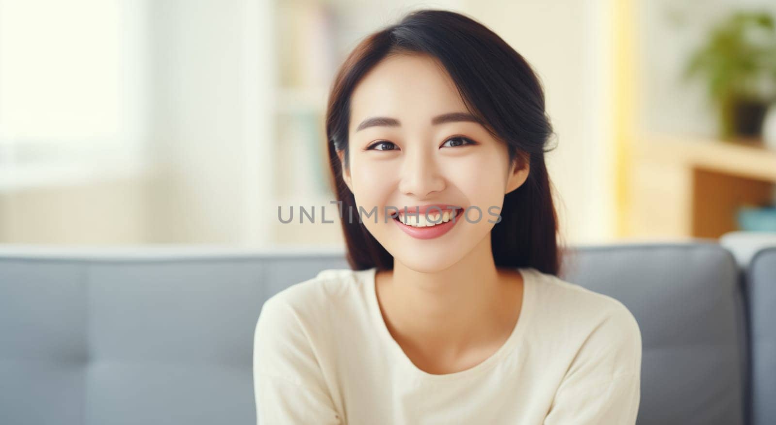 Portrait of beautiful happy smiling young asian woman looking at camera at home, toothy smile