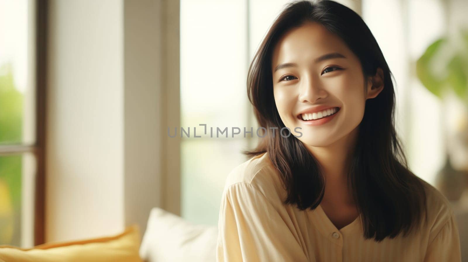 Portrait of beautiful happy smiling young asian woman looking at camera at home, toothy smile