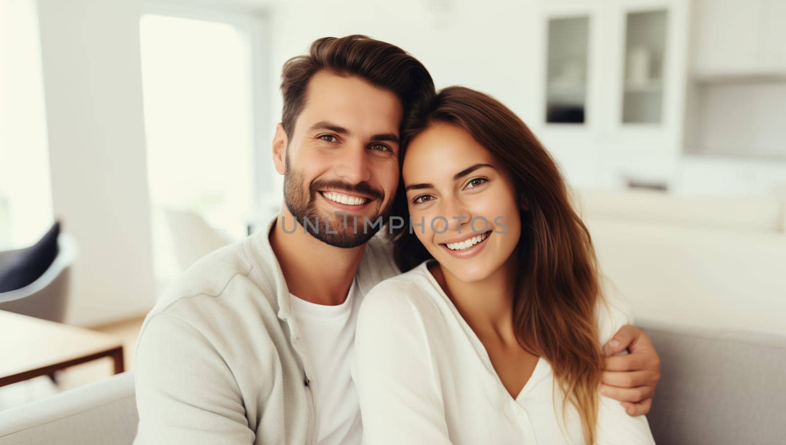 Portrait of happy smiling young couple hugging, cheerful woman and man sitting on sofa at home together