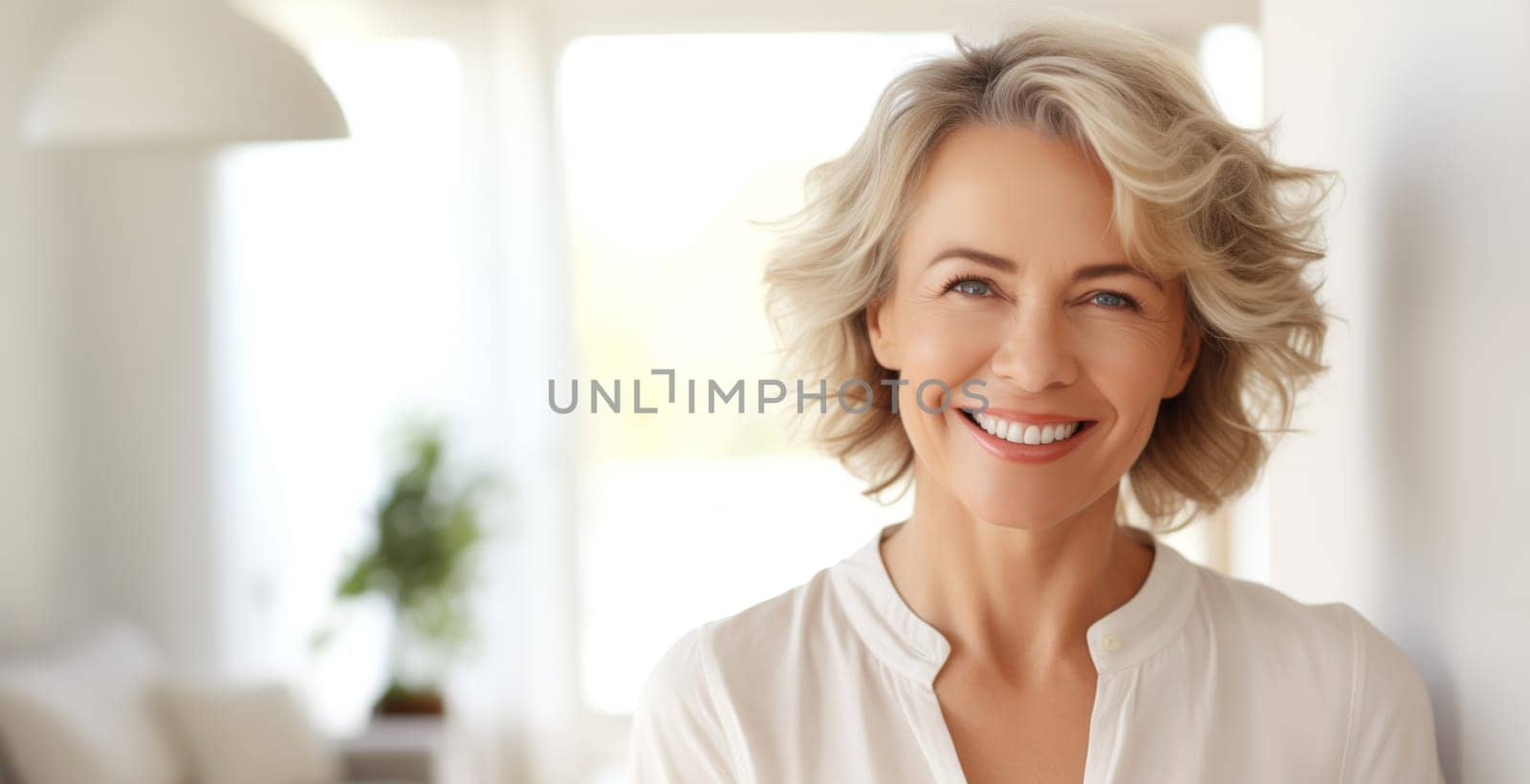 Portrait of beautiful happy smiling mature woman looking at camera standing in white room at home, toothy smile