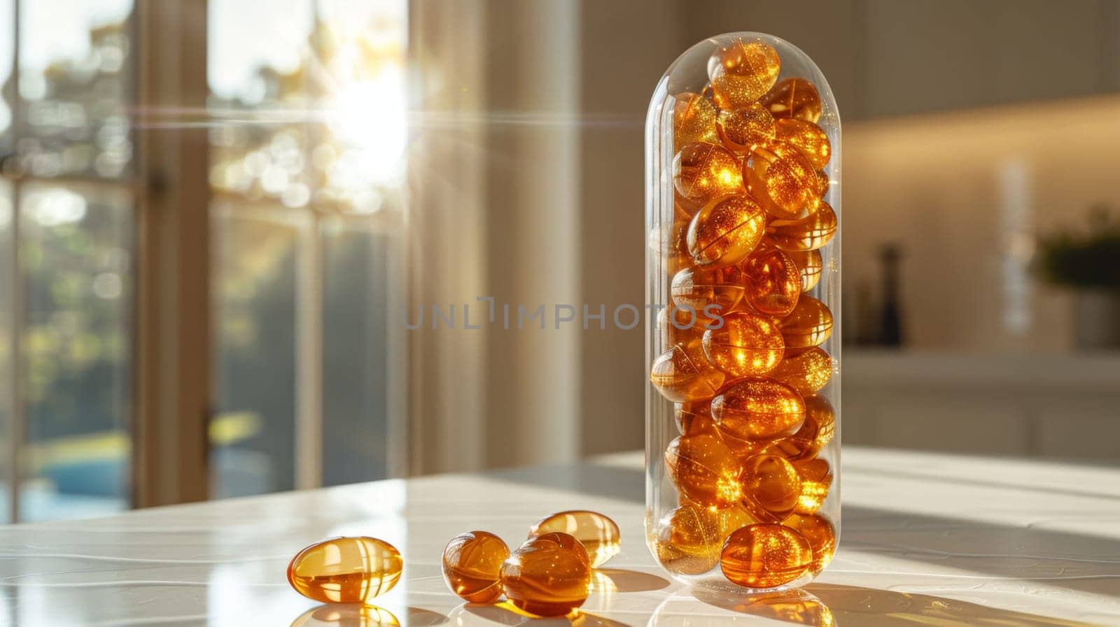 One capsule in a transparent shell with vitamin granules inside on the table.