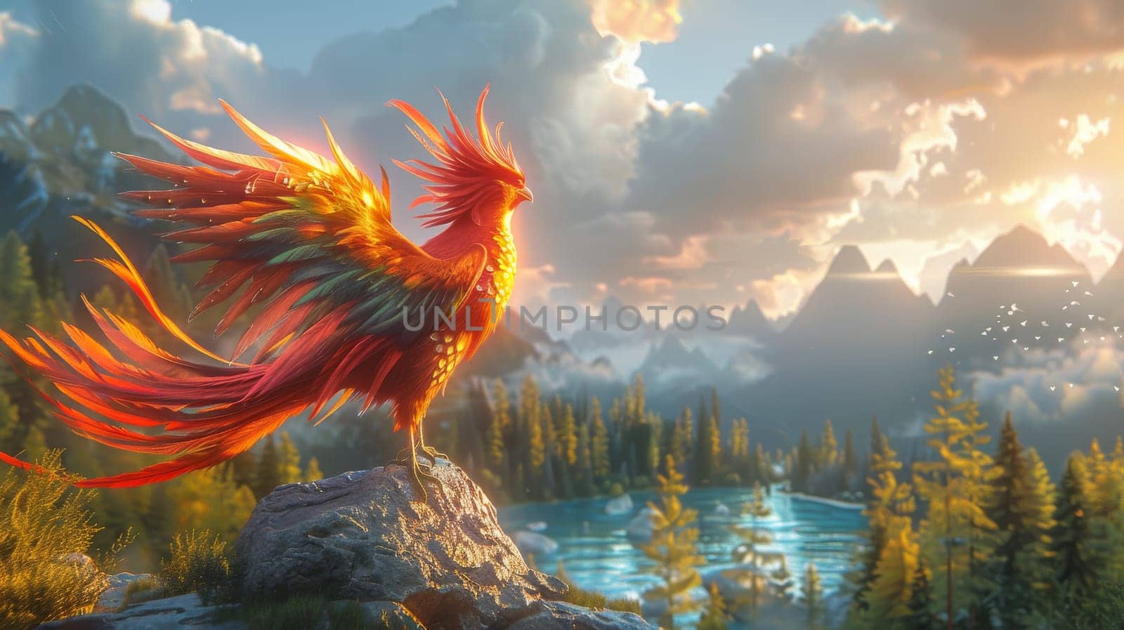 A fantasy phoenix bird with heaven background.