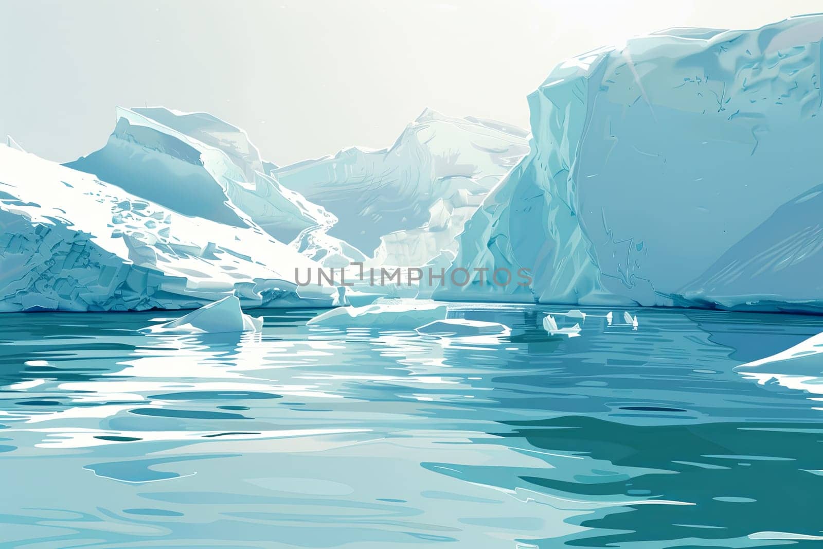 Icebergs float in a frigid Arctic body of water, reflecting light and showcasing their icy textures.