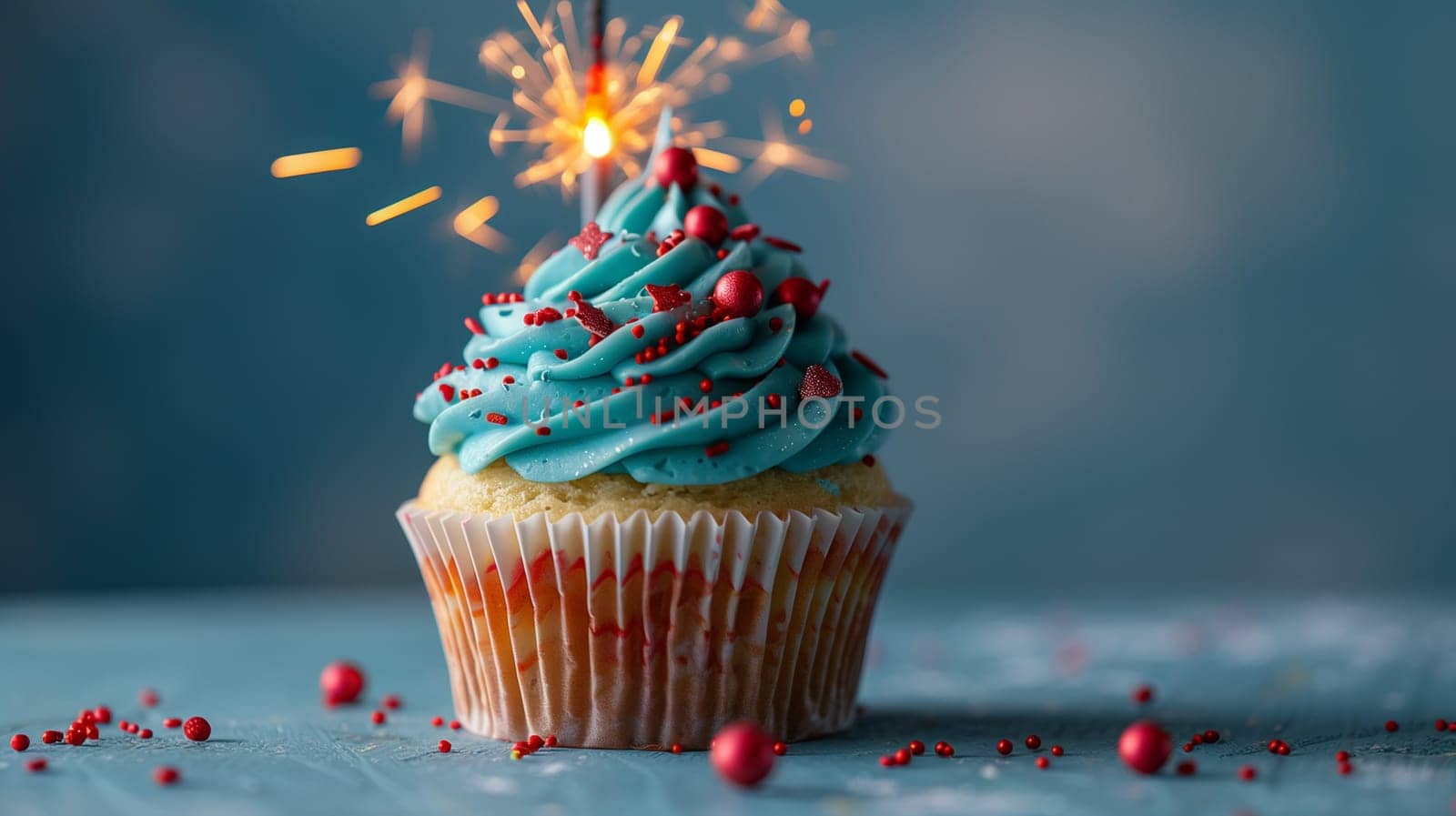 A cupcake topped with vibrant blue frosting and colorful sprinkles.