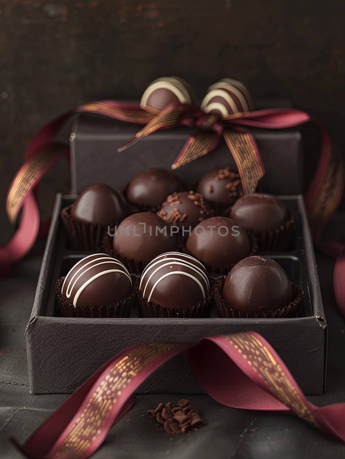 Elegant box of chocolate truffles adorned with a ribbon, showcasing rich dark colors and high attention to detail.